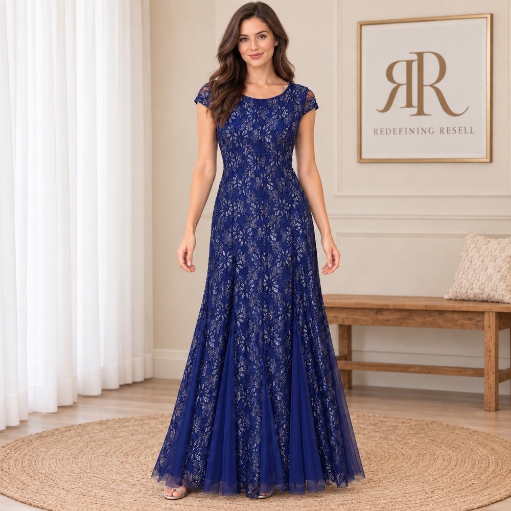 Candalete Royal Blue Silver Metallic Floral Lace Cap Sleeve Gown Maxi Dress S